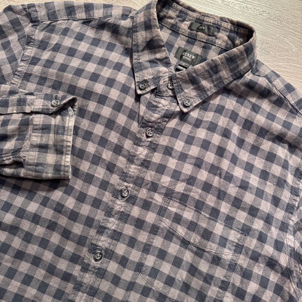 J Crew Shirt Men L Gray Black Buffalo Check 100% Cotton Slim Oxford OCBD Flannel